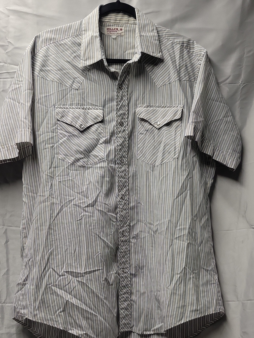 Miller Stockman-Short-Sleeve Button-Down Shirt in White with Blue Stripes